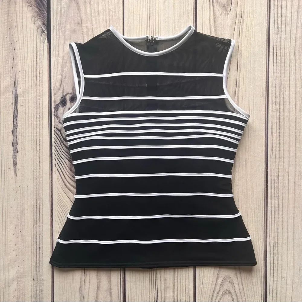 Tadashi Vintage Black & White Mesh Striped Sleeveless Top